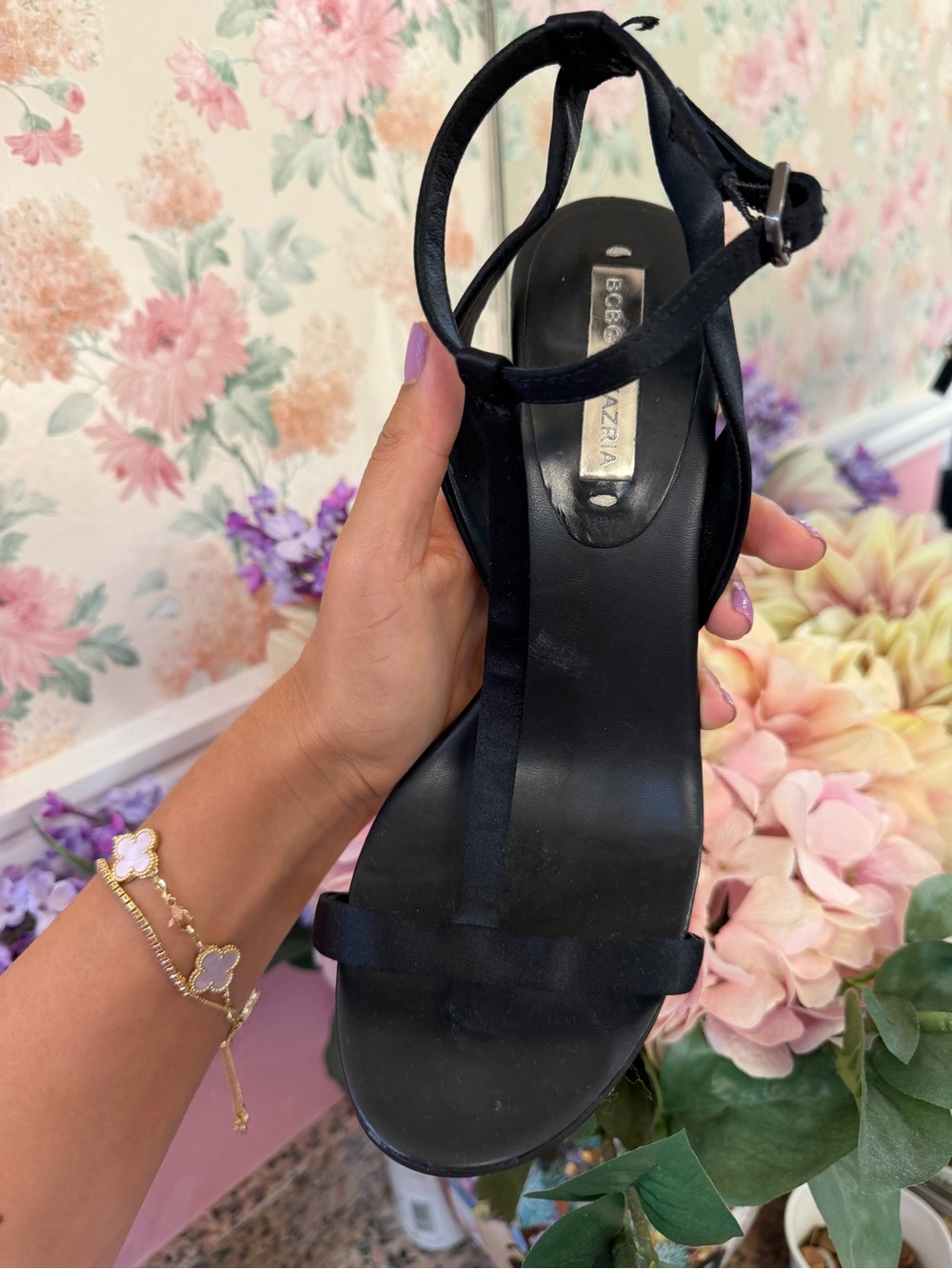 BCBGMaxAzria Black Strappy High Heels with Gold Embellished Heel - Picture 6 of 7